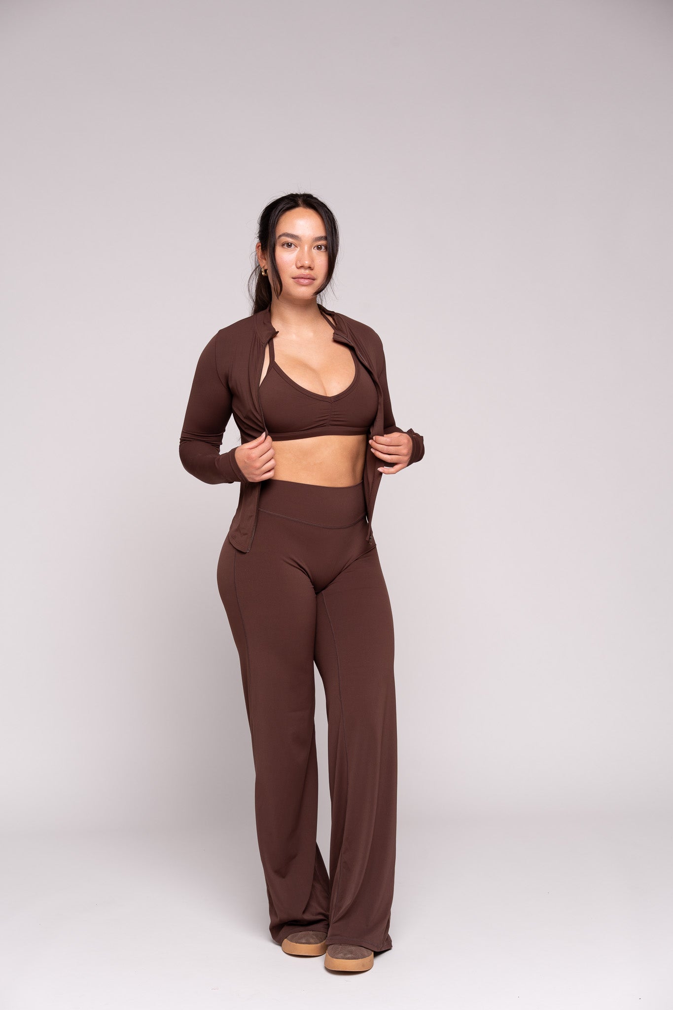 Ease x Amalie Vad - Straight Leg Pants (Coffee Brown) & Ease x Amalie Vad - Zippy Jacket (Coffee Brown) & Ease x Amalie Vad - Halterneck Sports Bra (Coffee Brown)
